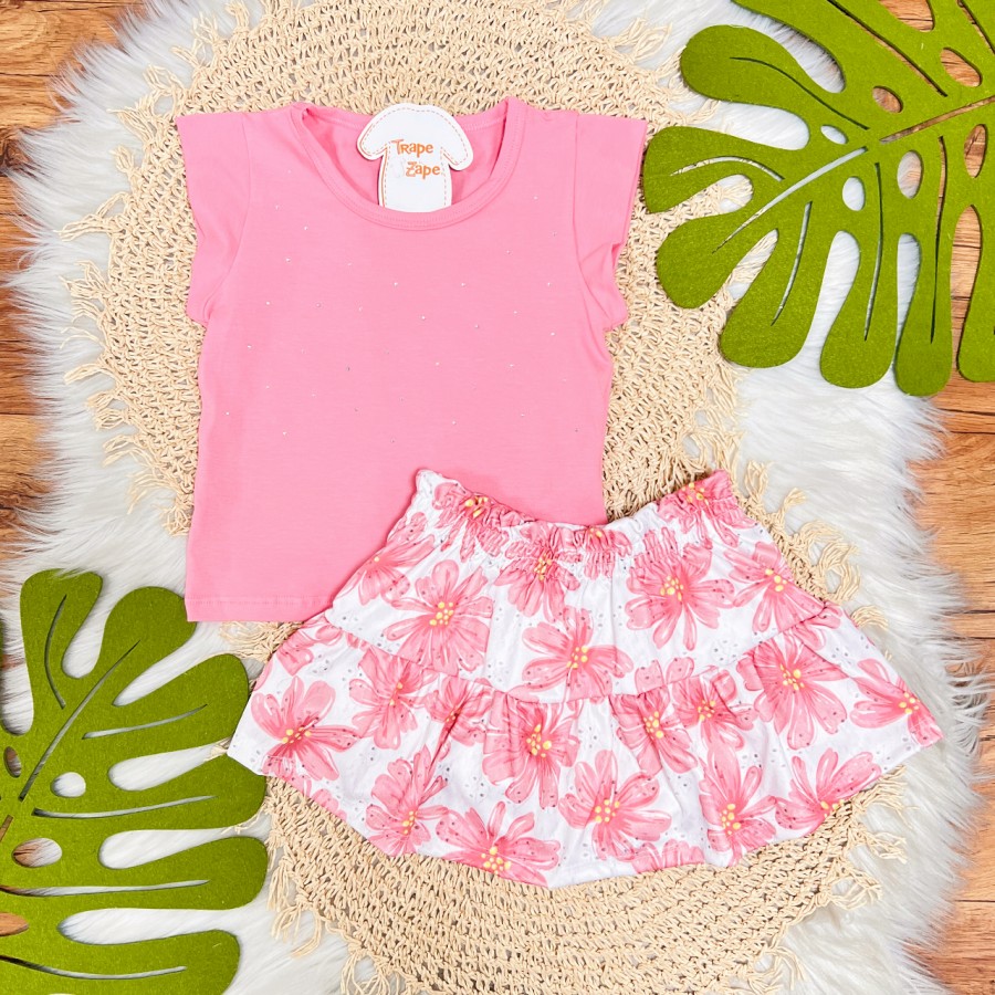 Conj. Blusa com Brilhos e Short Saia Floral - Rose